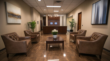 Fototapeta premium modern office lobby interior design with brown leather chairs and a coffee table
