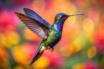 Obraz premium Blackthroated Mango Hummingbird in Flight with Colorful Background - High Depth of Field