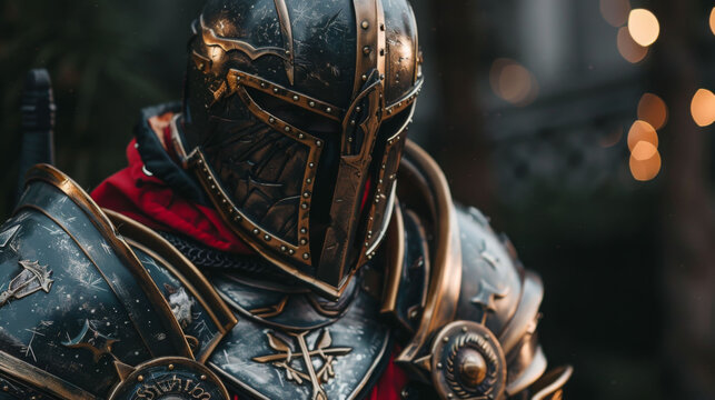 detailed close up of cosplayer in intricate armor, showcasing medieval knights design with metallic textures and striking helmet. atmosphere is enhanced by soft background lighting, creating