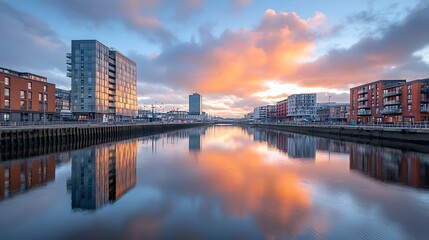 Naklejka premium Urban reflections a serene evening over water in modern architecture setting