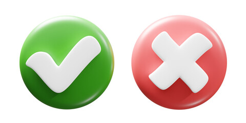 Obraz premium 3D illustration of two green circle icons with a white check mark symbol indicating approval, success, and a red cross on rejection, failure, or error.