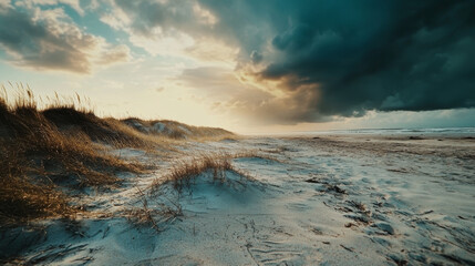 Naklejka premium Dramatic Coastal Sand Dunes Under Stormy Sky