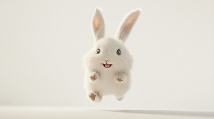 Adorable White Bunny Rabbit Jumping in the Air