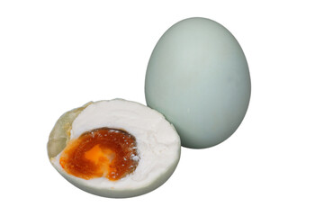 Whole salted duck eggs with other half slices isolated transparent