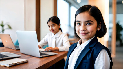 現代的な装いの子供ビジネスウーマンがスーツ姿で未来への可能性を表現するポートレート。生成AI