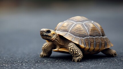 Obraz premium A small tortoise walking on a grey asphalt road, head held high, looking to the right of the frame.