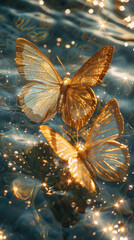 Golden butterflies floating on shimmering water surface create magical scene filled with light and beauty. Their delicate wings reflect sunlight, enhancing enchanting atmosphere