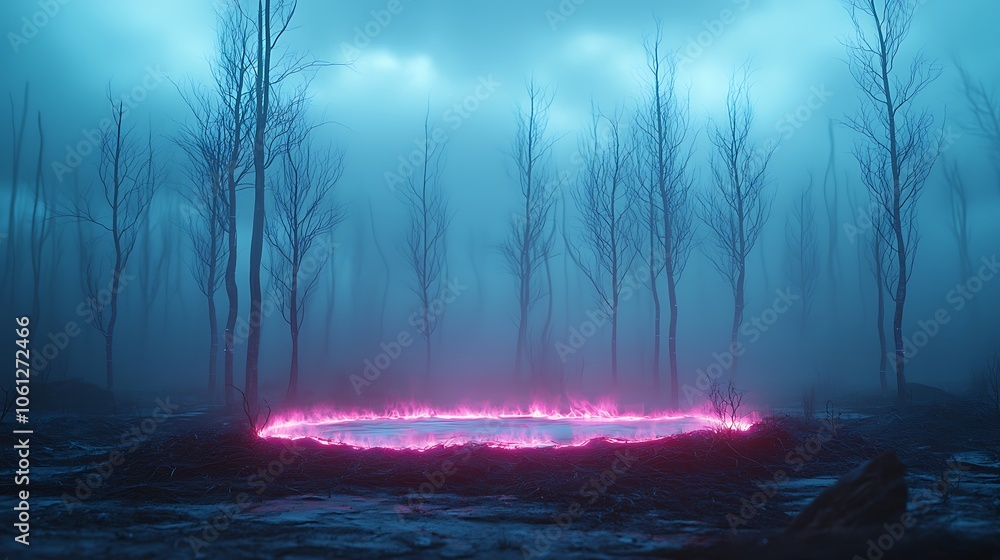 Poster mysterious portal glows in foggy forest as nature awaits unveiling secrets of the unknown