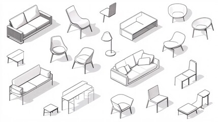 2410_020.furniture design blueprint collection, elegant seating sketches, floating isometric arrangements, modern chair outlines, clean architectural drawing style, professional interior design