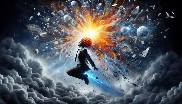 Concept art of a human brain exploding with knowledge and creativity