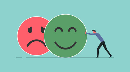 Emotional intelligence concept, balance emotion control, a man changing from sad expression face into happy expression face symbol