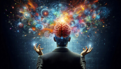 Concept art of a human brain exploding with knowledge and creativity