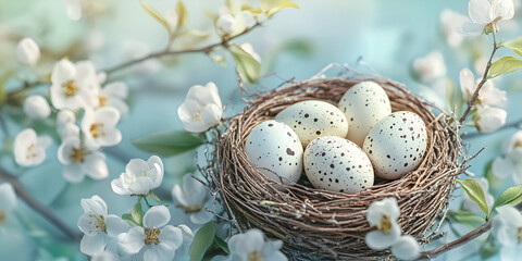 Fototapeta premium Speckled Eggs in Nest with Spring Blossoms