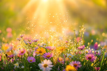 Early morning wildflower field with dew-kissed petals and vibrant colors in springtime