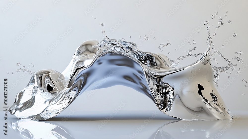 Poster abstract water splash with a wave-like shape and droplets in the air.