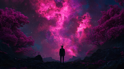 Fototapeta premium person stands in surreal landscape under vibrant pink sky filled with stars