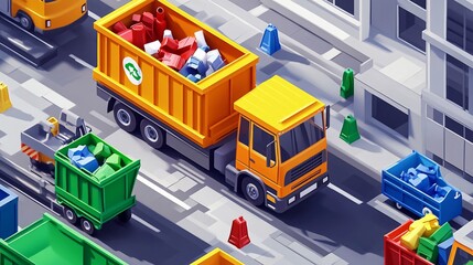 2410_038.urban recycling system illustration, multi-colored wheelie bins, compact garbage collection trucks, processing center, city sanitation crew, sustainability logos, minimalist isometric art