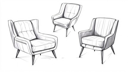 Fototapeta premium 2410_017.modern seating furniture sketches, elegant chair design compilation, minimal line drawing style, isometric furniture catalog, refined armchair contours, professional interior design