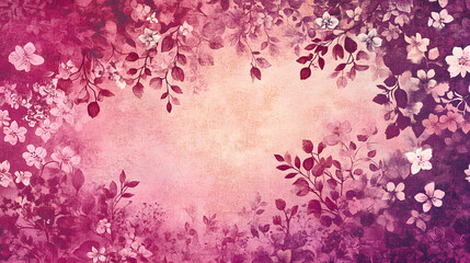 A vintage-inspired floral pattern with pink and white flowers on a textured, reddish-pink background.