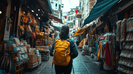 Traveler Exploring Bustling Market Street