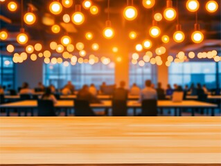 A modern office setting featuring a wooden table in the foreground, with warmly lit hanging lights above, and people working in the background, conveying a collaborative atmosphere.