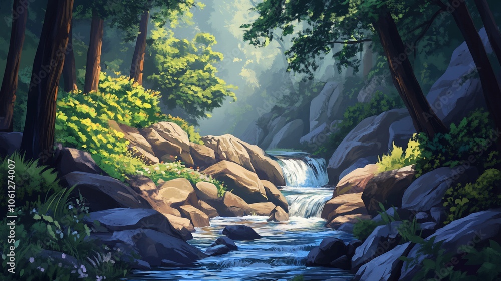 Poster sunbeams illuminate a cascading stream through a lush forest.