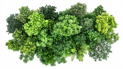 Obraz premium 2410_096.aerial view of diverse tree canopies, lush green foliage, varied shades and textures, top-down perspective, isolated on white background, high-resolution botanical imagery