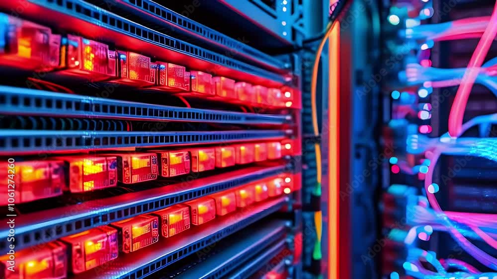 Poster close up of illuminated server rack with cables connected to it.