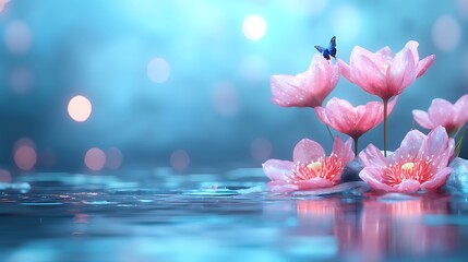 A butterfly delicately lands on pink lotus flowers amidst a serene water surface reflecting soft light