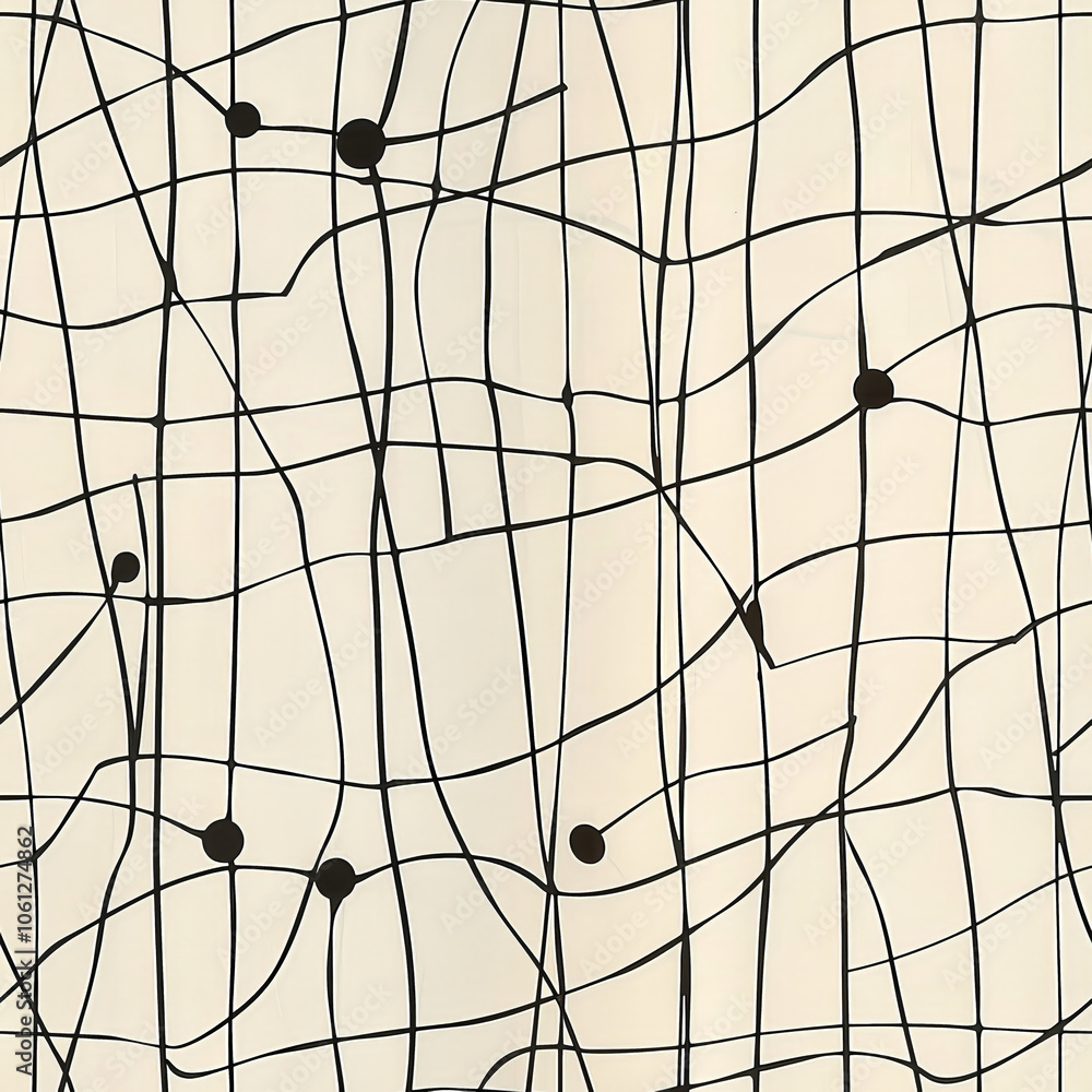Poster this design features a series of intersecting black lines forming a grid-like pattern with random bl