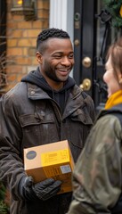 Customer joyfully accepts package at doorstep, representing efficient and swift delivery service