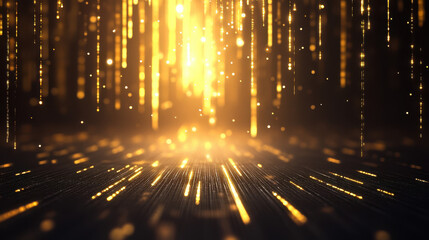 Golden light beams create mesmerizing effect in dark space, evoking sense of wonder and magic