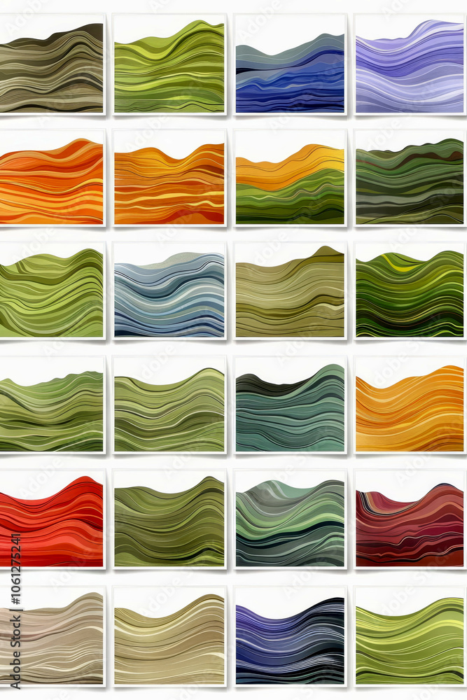 Poster a grid arrangement showcases various stacks of paper, each with distinct colors and waves.