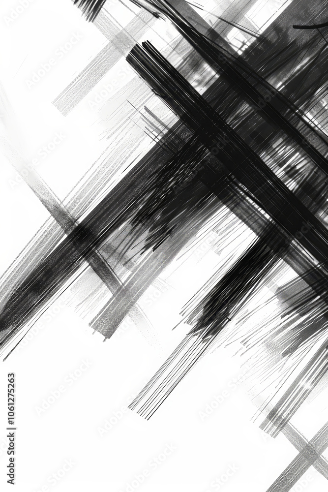 Poster bold brush strokes in black and gray intersect across a white background, creating a striking abstra
