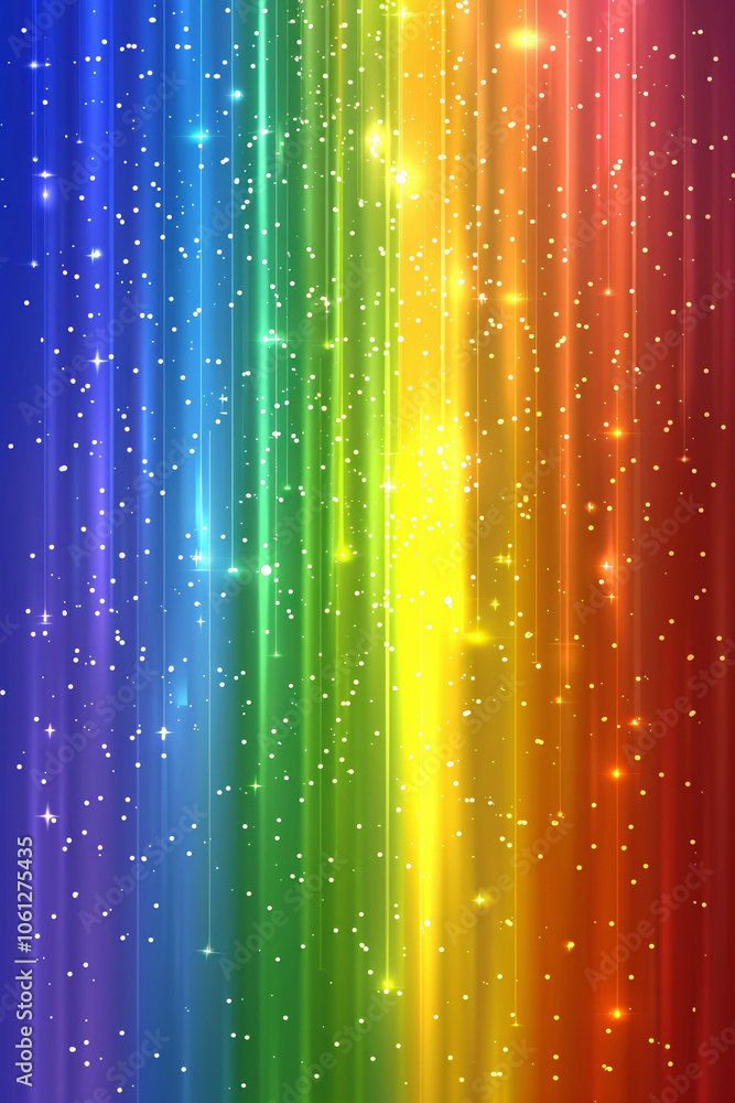 Poster Vibrant rays of color cascade vertically in a stunning display, featuring a vivid spectrum from blue to red, enhanced by twinkling sparkles that create a magical atmosphere and captivating visual.