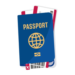 Passport and airline boarding pass tickets. Vector flat