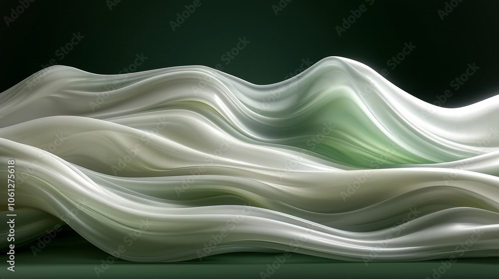 Poster translucent waves flow smoothly across a dark green background, creating a serene and fluid abstract