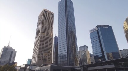 Obraz premium A view of modern skyscrapers in an urban setting during daylight.