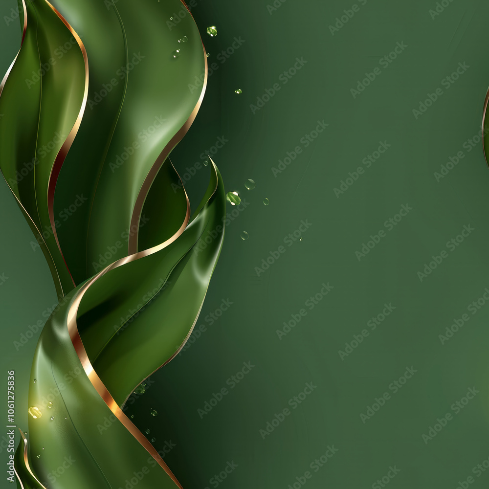 Poster Elegant green leaves intertwine against a deep backdrop, highlighted by subtle golden edges, creating a serene and calming visual effect ideal for nature-themed designs.