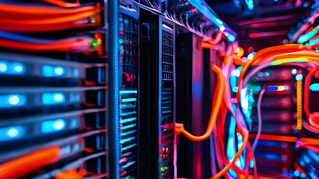 Close-up of a server rack with colorful cables.