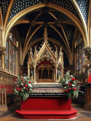Fototapeta premium A beautifully decorated chapel with intricate architecture and floral arrangements.