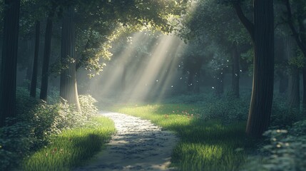 Obraz premium Pathway through forest opening to bright light, [success journey], [metaphor for overcoming challenges towards achievement] 