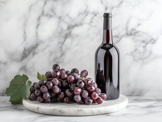 Obraz premium Red wine bottle with fresh grapes on marble.