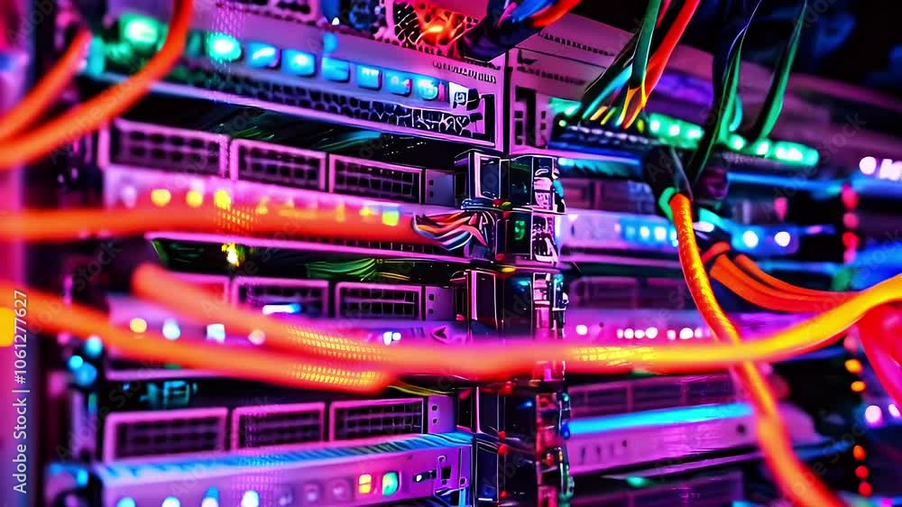 Aufkleber close-up of colorful cables connecting to a server rack in a data center.