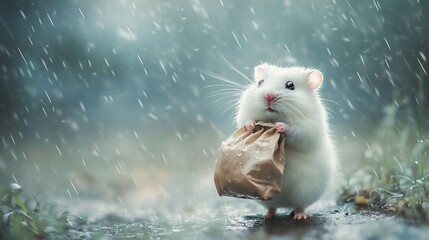 A white hamster holding a brown paper bag walks in the rain.