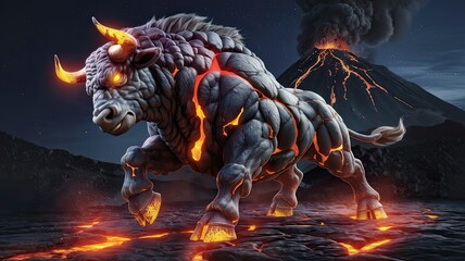 The hybrid creature exudes power as it strides across rugged volcanic terrain surrounded by flowing lava and an erupting volcano in the background