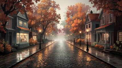 Fototapeta premium Warm autumn colors envelop a quiet town as fallen leaves blanket the cobblestone path inviting leisurely strolls while street lamps glow softly in the fog