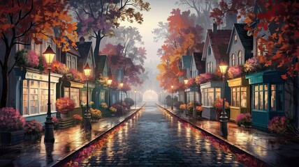 Fototapeta premium The quaint town awakens on an autumn morning with vibrant leaves and warm lantern light reflecting off the cobblestone street creating a serene atmosphere