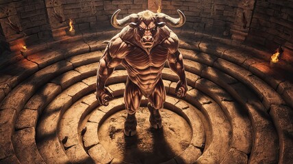 The formidable minotaur muscular and imposing dominates a circular labyrinth with stone walls while flickering torchlight enhances the atmosphere