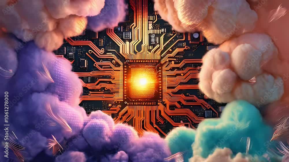 Poster a glowing computer chip surrounded by fluffy clouds.